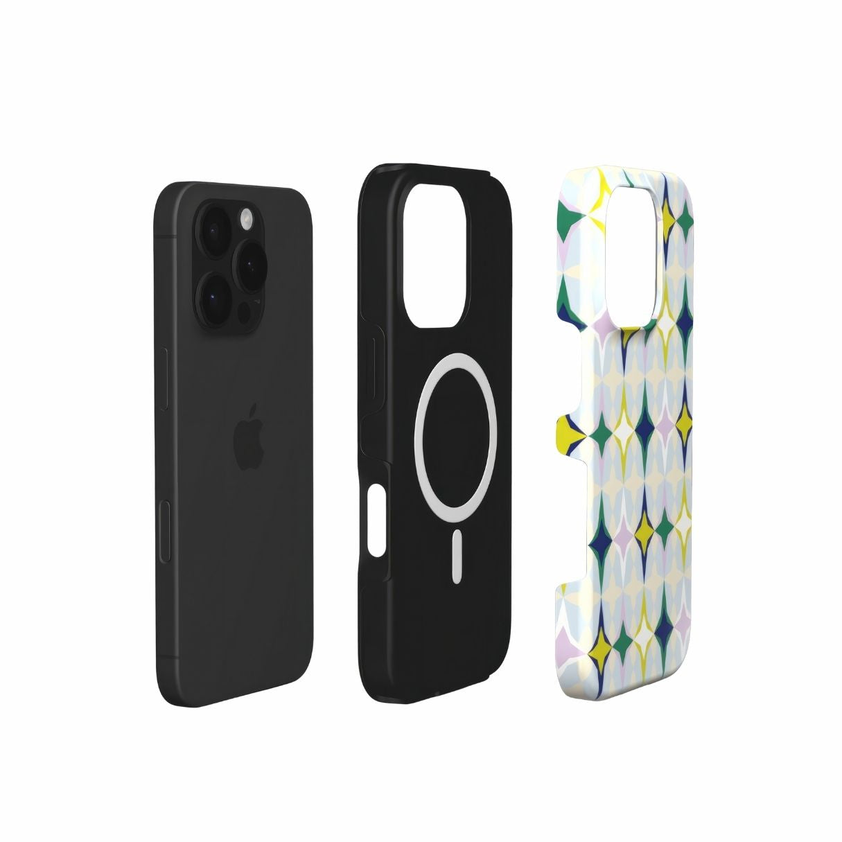 MagSafe tough phone case Magic Winter pattern design with a dynamic geometric symmetry in geometric style, featuring an elegant and expressive aesthetic design. Main colors are divine blue, yellow, green and deep blue. Extend view.
