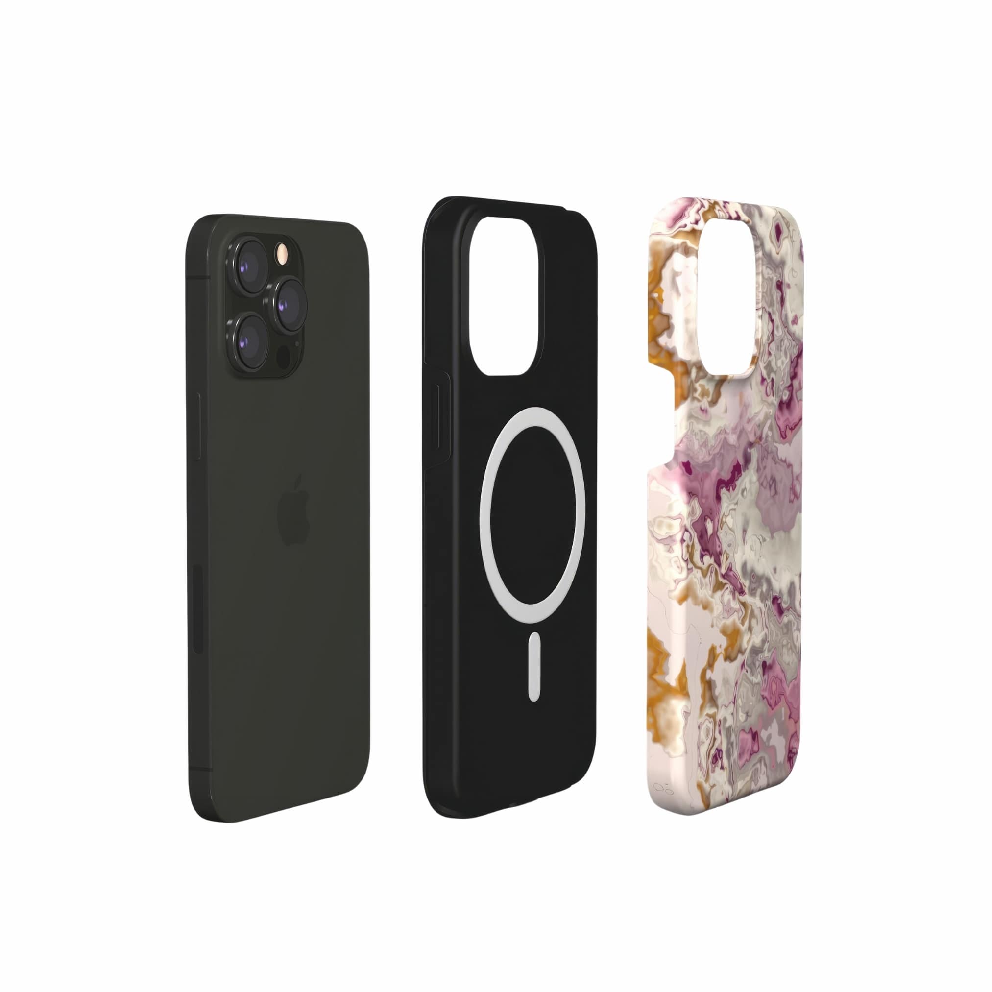 Tough magsafe phone case extend view; Marshmallow 1 pattern, artistic, abstract marble pattern. Pink and beige color combination.