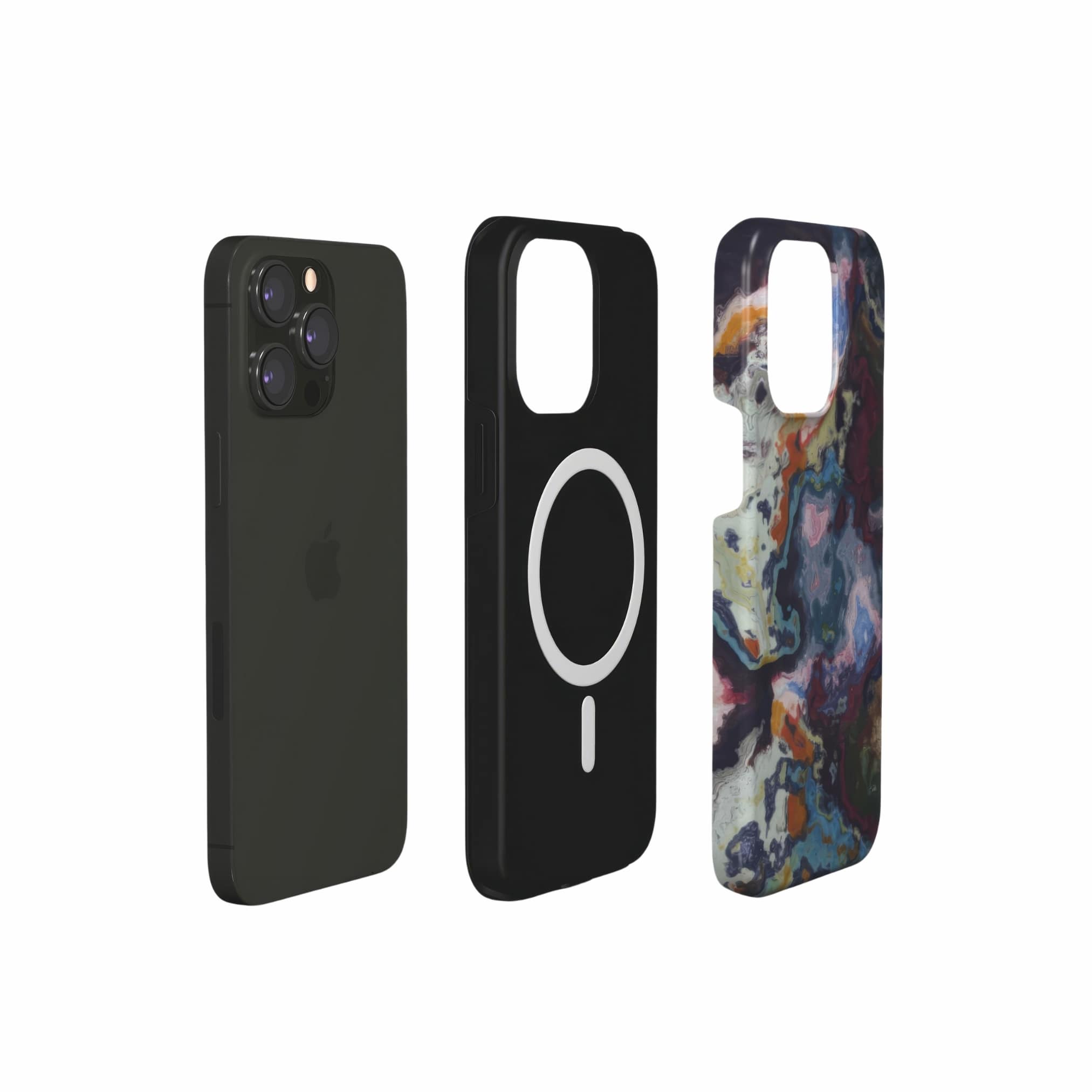 Tough magsafe phone case extend view; Molten Berries 2 pattern, artistic, abstract marble pattern. Purple and blue color combination.
