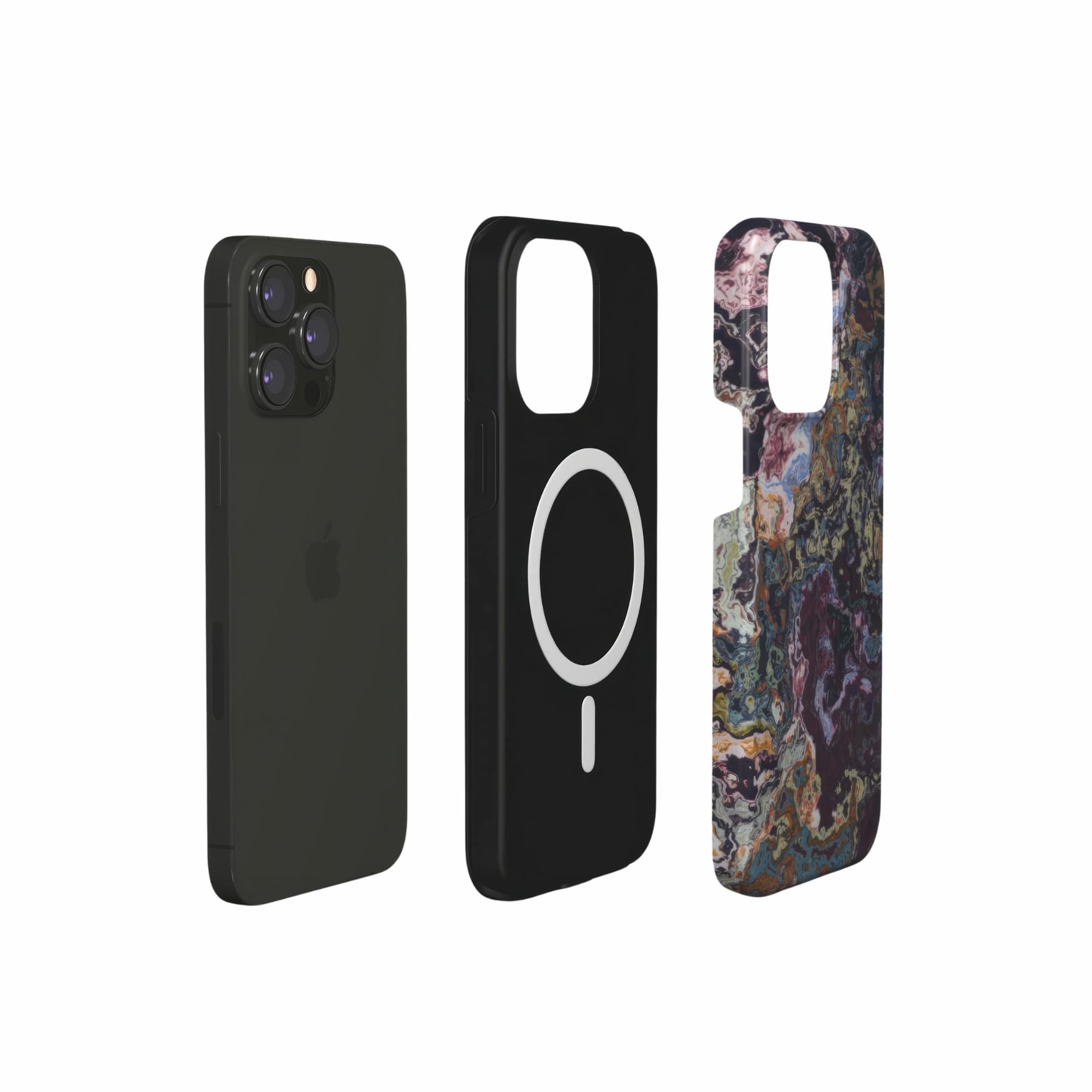 Tough magsafe phone case extend view; Molten Berries 2 pattern, artistic, abstract marble pattern. Purple color.