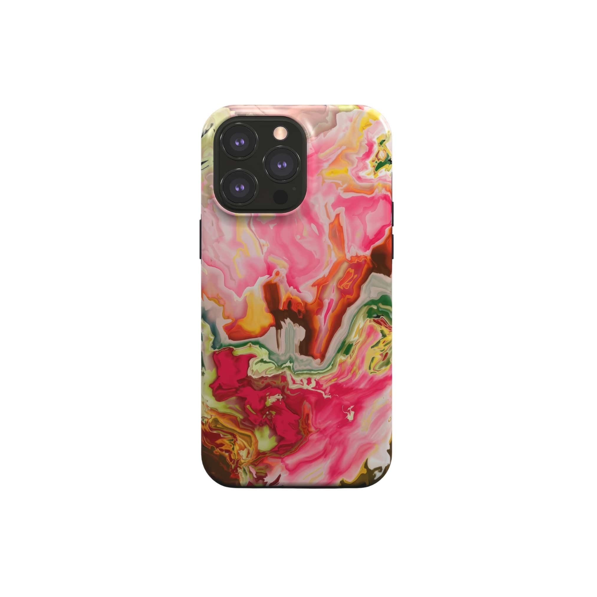 Tough MagSafe phone case front view; Neon Pink pattern, artistic, abstract marble pattern. Neon pink color. Bold expressive aesthetic design. Colorful and interior fit. Elegant.