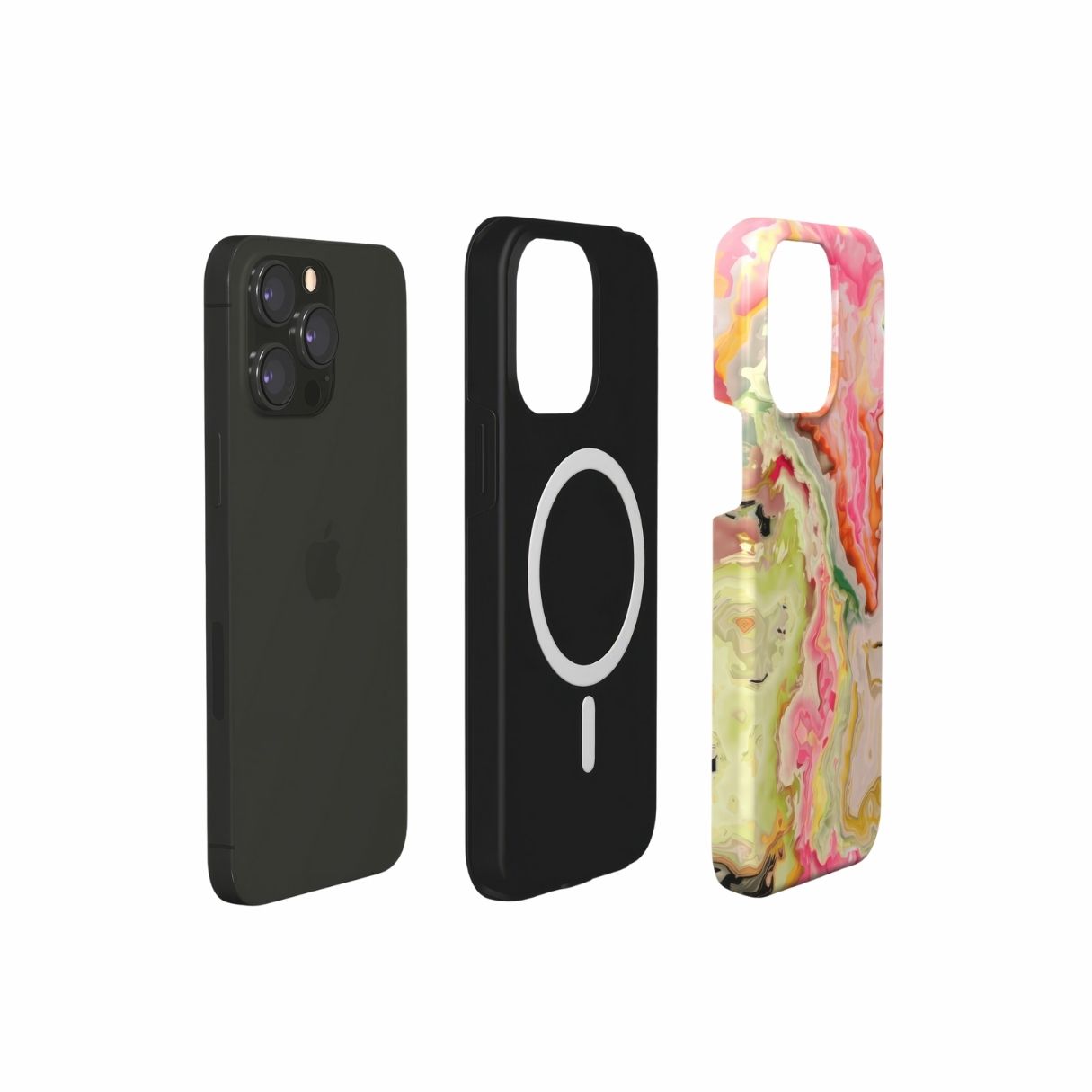 Tough MagSafe phone case extend view; Neon Pink Light pattern, artistic, abstract marble pattern. Pink and light green color combination.