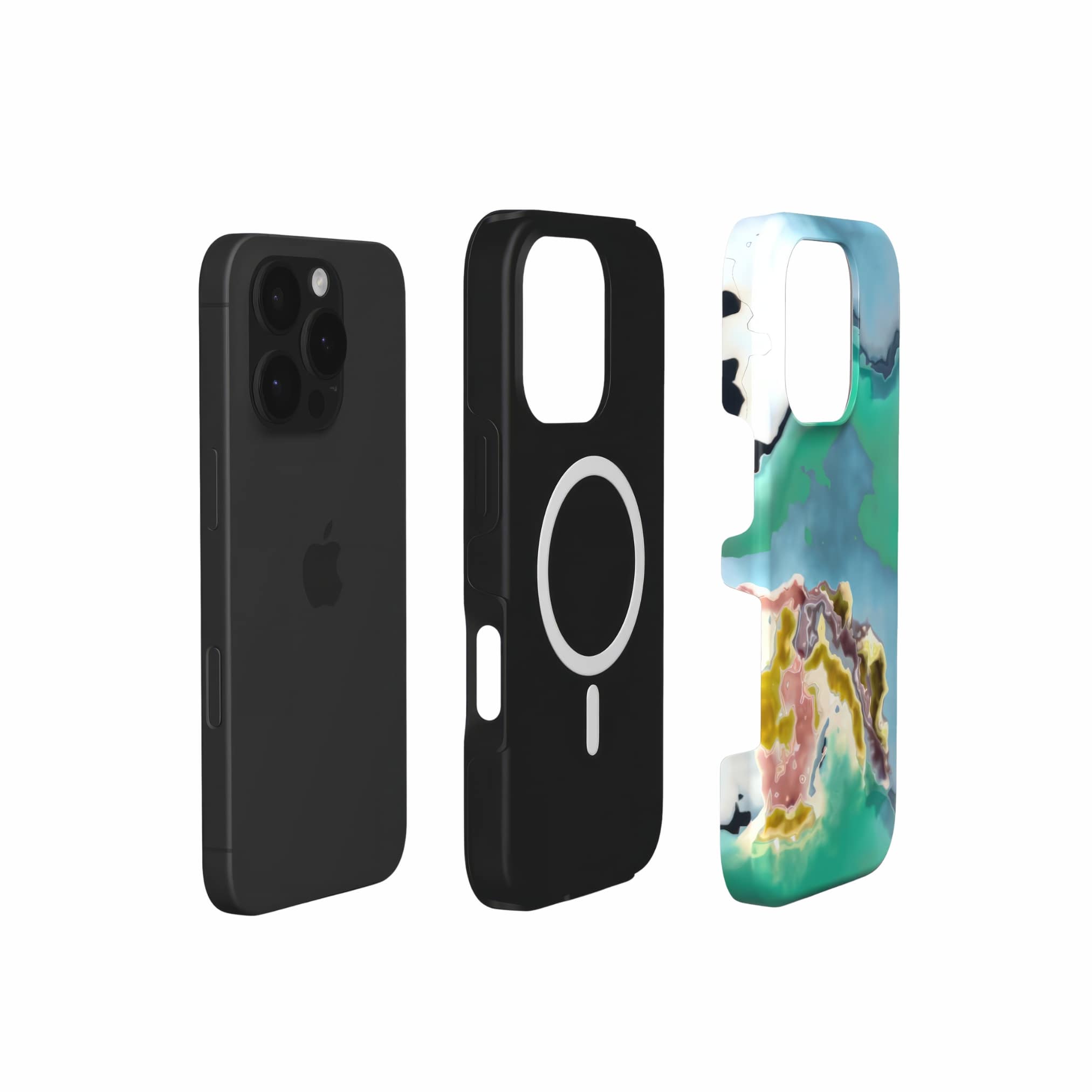 MagSafe tough phone case with a bold vivid pattern Oceans Breath 1 in marble abstract and artistic style, featuring an elegant and expressive aesthetic design. Main colors are blue and green. Extend view.