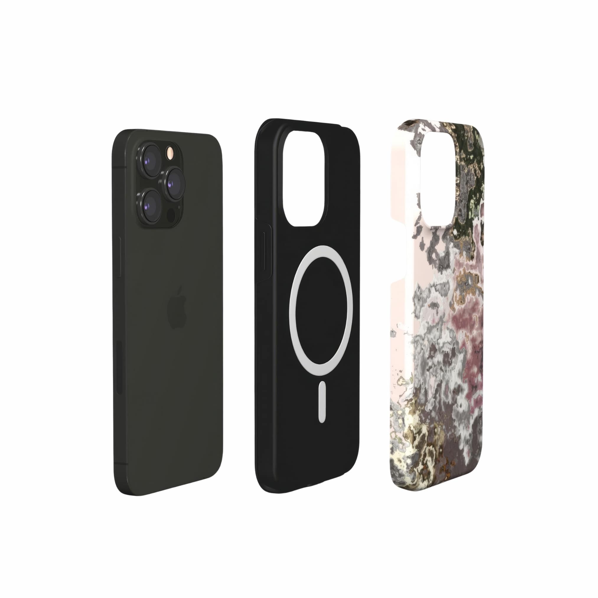 Tough magsafe phone case extend view; Pink Moss 2 pattern, artistic, abstract marble pattern. Pink and Grey color combination.