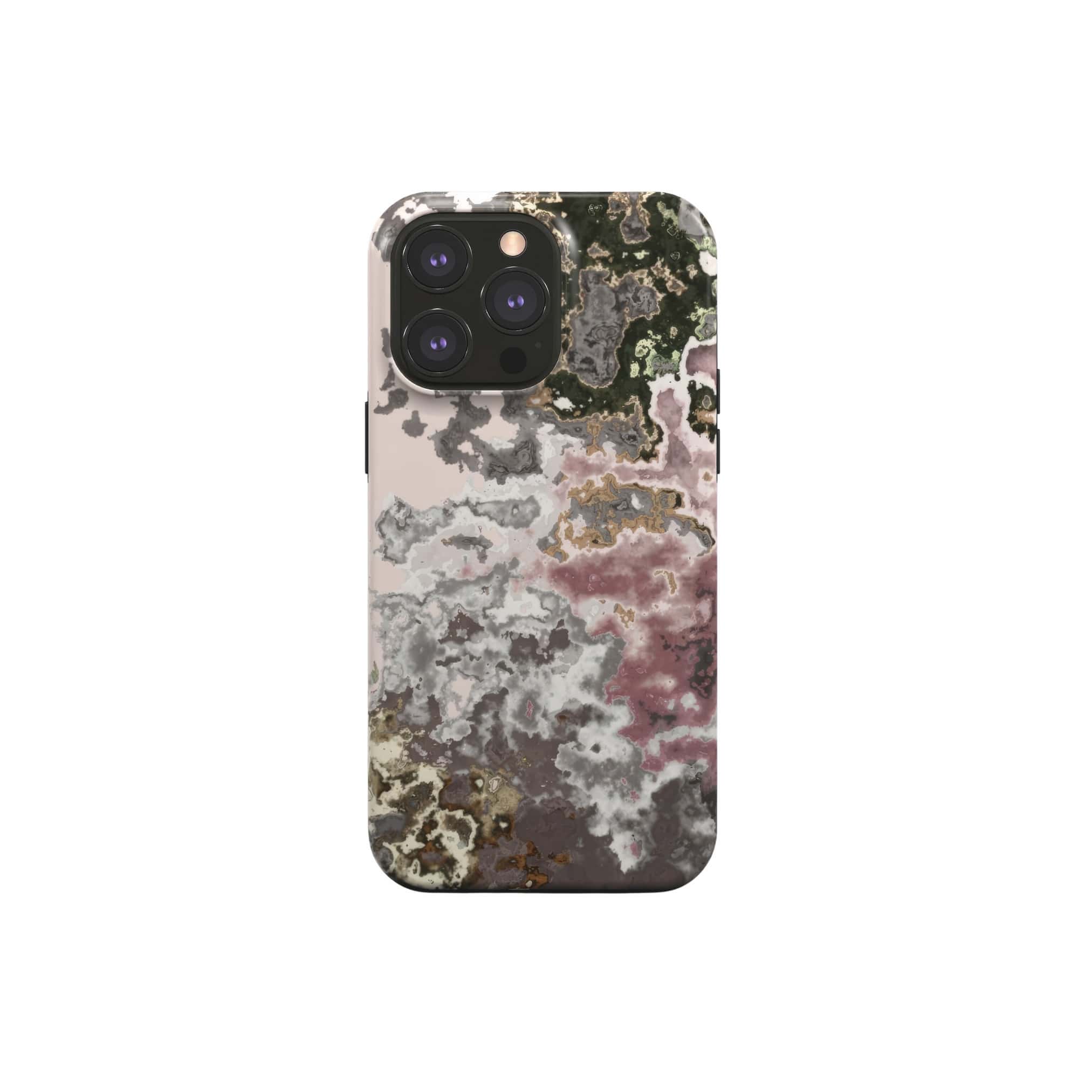 Tough magsafe phone case front view; Pink Moss 2 pattern, artistic, abstract marble pattern. Pink and Grey color combination. Bold expressive aesthetic design. Colorful and interior fit. Elegant.