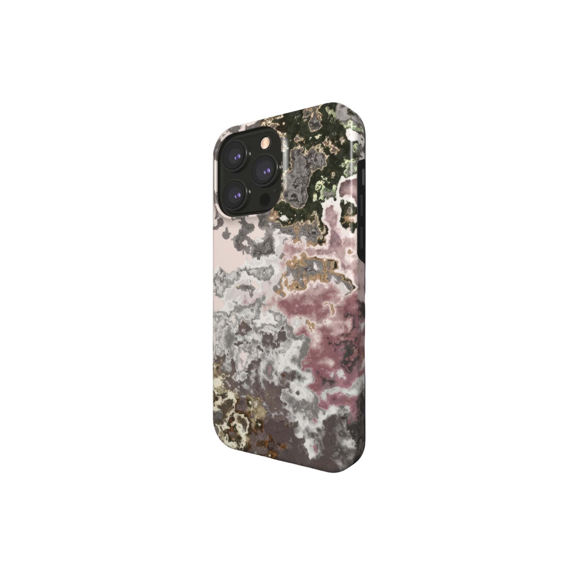 Tough magsafe phone case side view; Pink Moss 2 pattern, artistic, abstract marble pattern. Pink and Grey color combination.