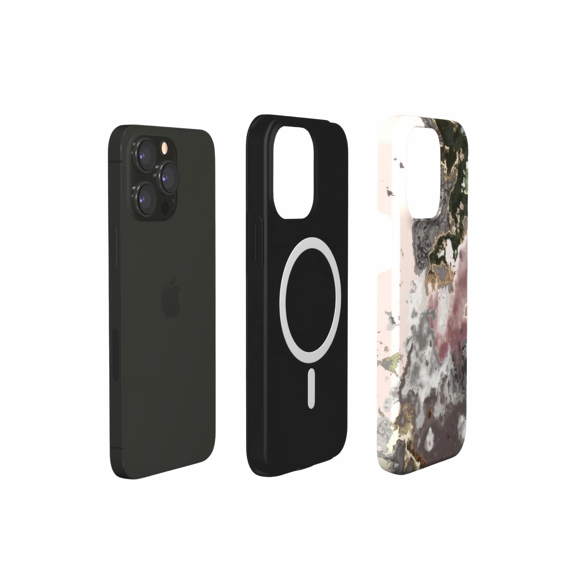 Tough MagSafe phone case extend view; Pink Moss pattern, artistic, abstract marble pattern. Pink and Grey color combination.