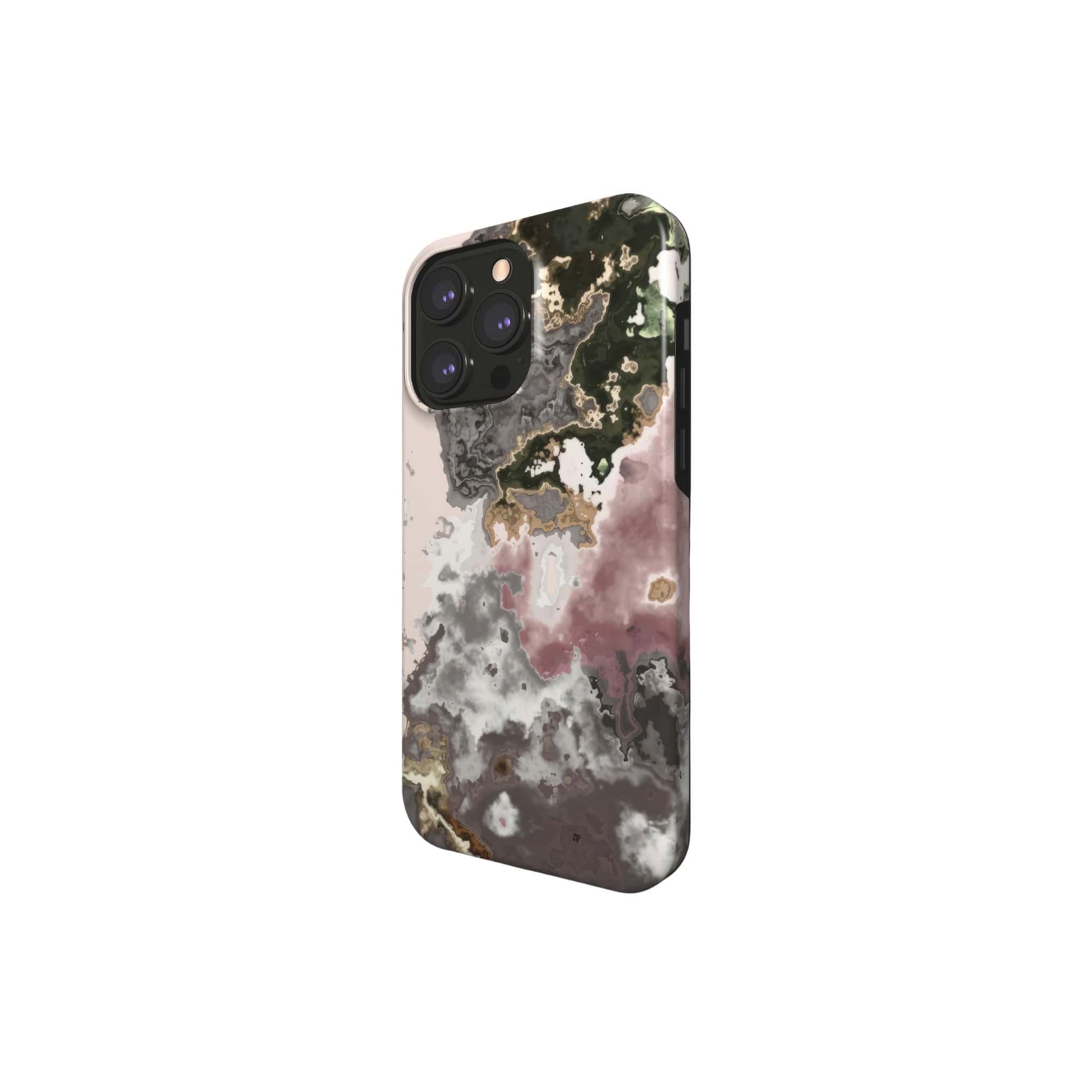 Tough MagSafe phone case side view; Pink Moss pattern, artistic, abstract marble pattern. Pink and Grey color combination.