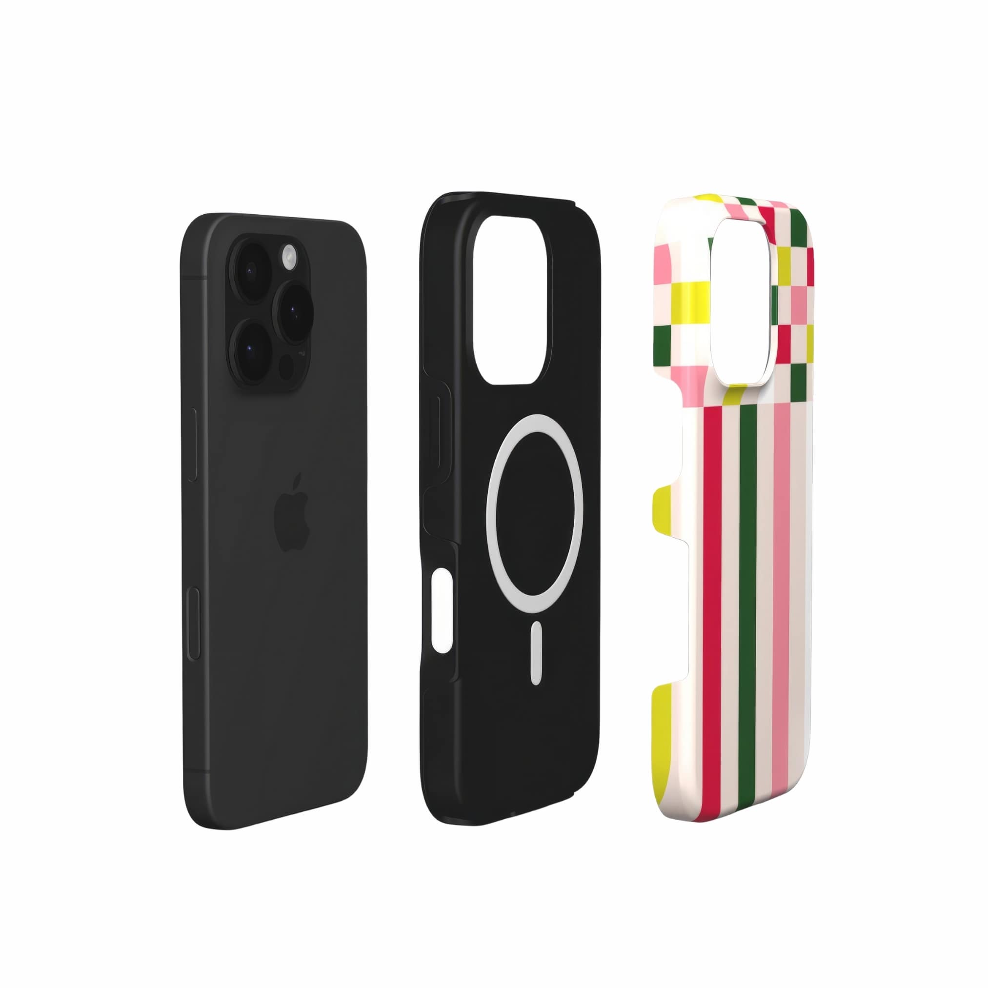 MagSafe tough phone case Pixel Grid 1 pattern design with a bold color blocks in pixel and stripes modern style, featuring an elegant and expressive aesthetic design. Main colors are rich red, pink yellow and green. Extend view.