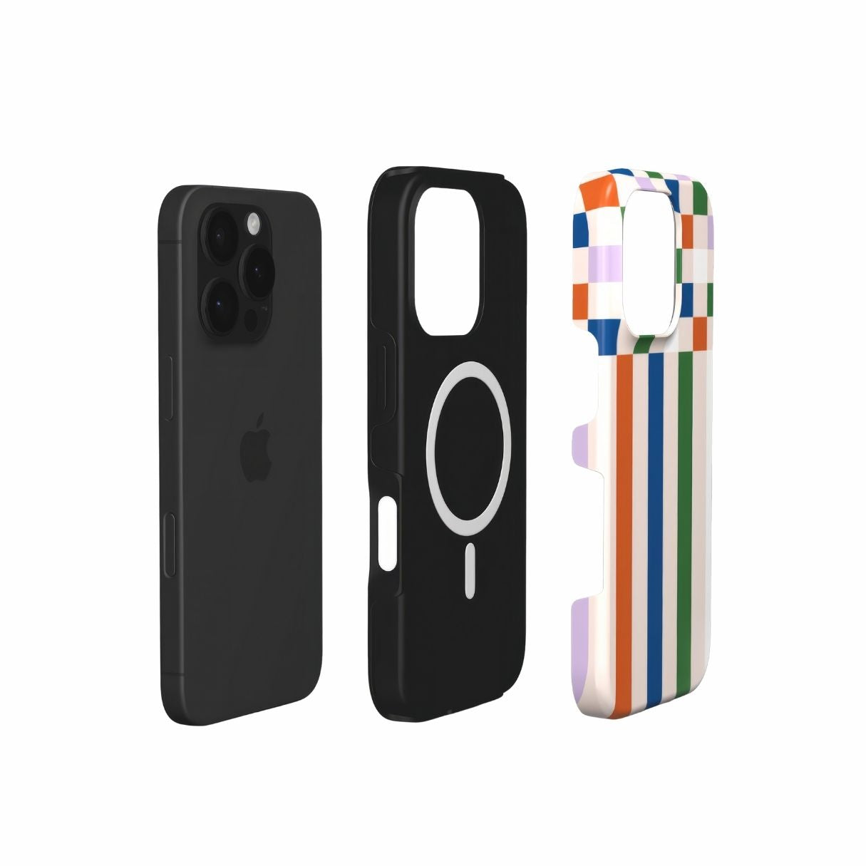 MagSafe tough phone case Pixel Grid Multi pattern design with a bold color blocks in pixel and stripes modern style, featuring an elegant and expressive aesthetic design. Main colors are rich orange, blue, lilac and green. Extend view.