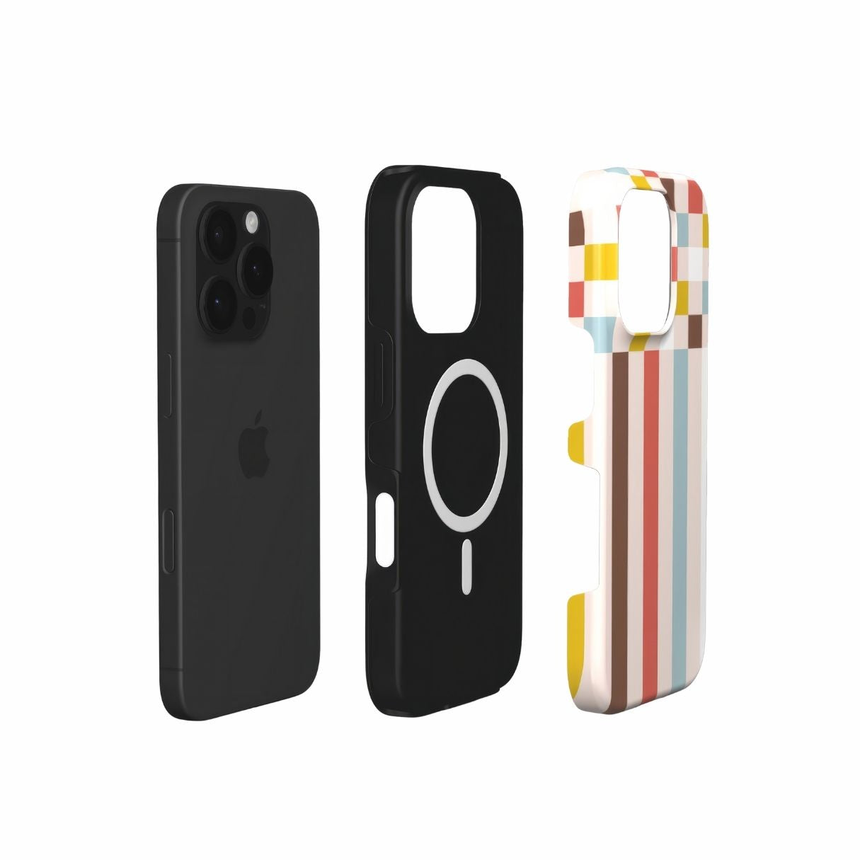 MagSafe tough phone case Pixel Grid Vintage pattern design with a bold color blocks in pixel and stripes modern style, featuring an elegant and expressive aesthetic design. Main colors are pastel with pink, brown, muted red and light sky blue. Extend view.