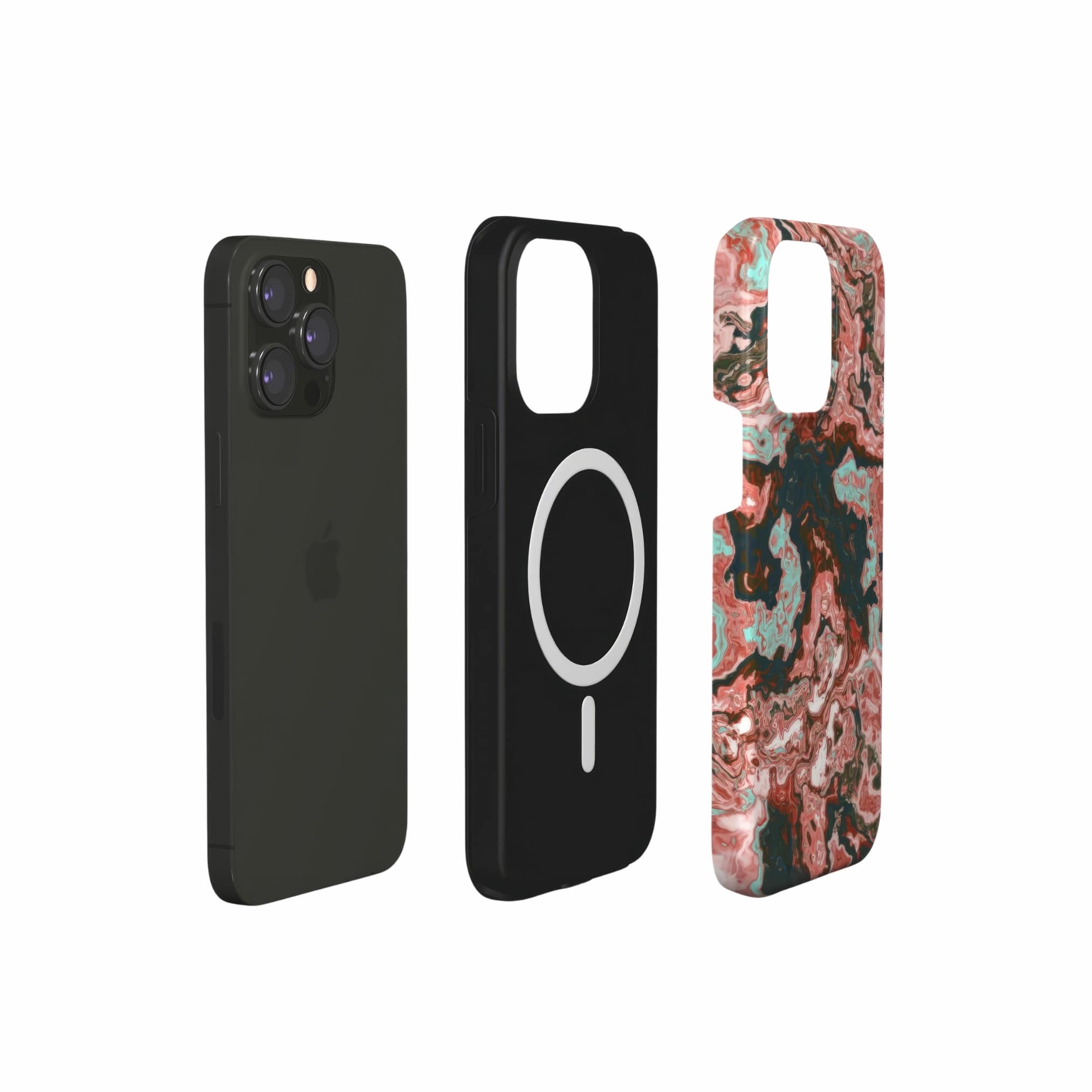 Tough MagSafe phone case extend view; Red Coffee pattern, artistic, abstract marble pattern. Red and light blue color combination.