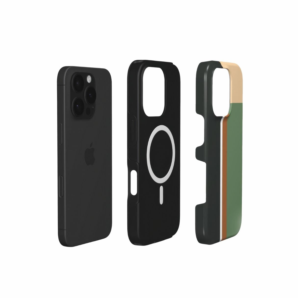 MagSafe tough phone case Retro Stripes Khaki pattern design with a bold color blocks in vintage, mid century modern style, featuring an elegant and expressive aesthetic design. Main colors are khaki, dark green, brown and cappuccino. Extend view.