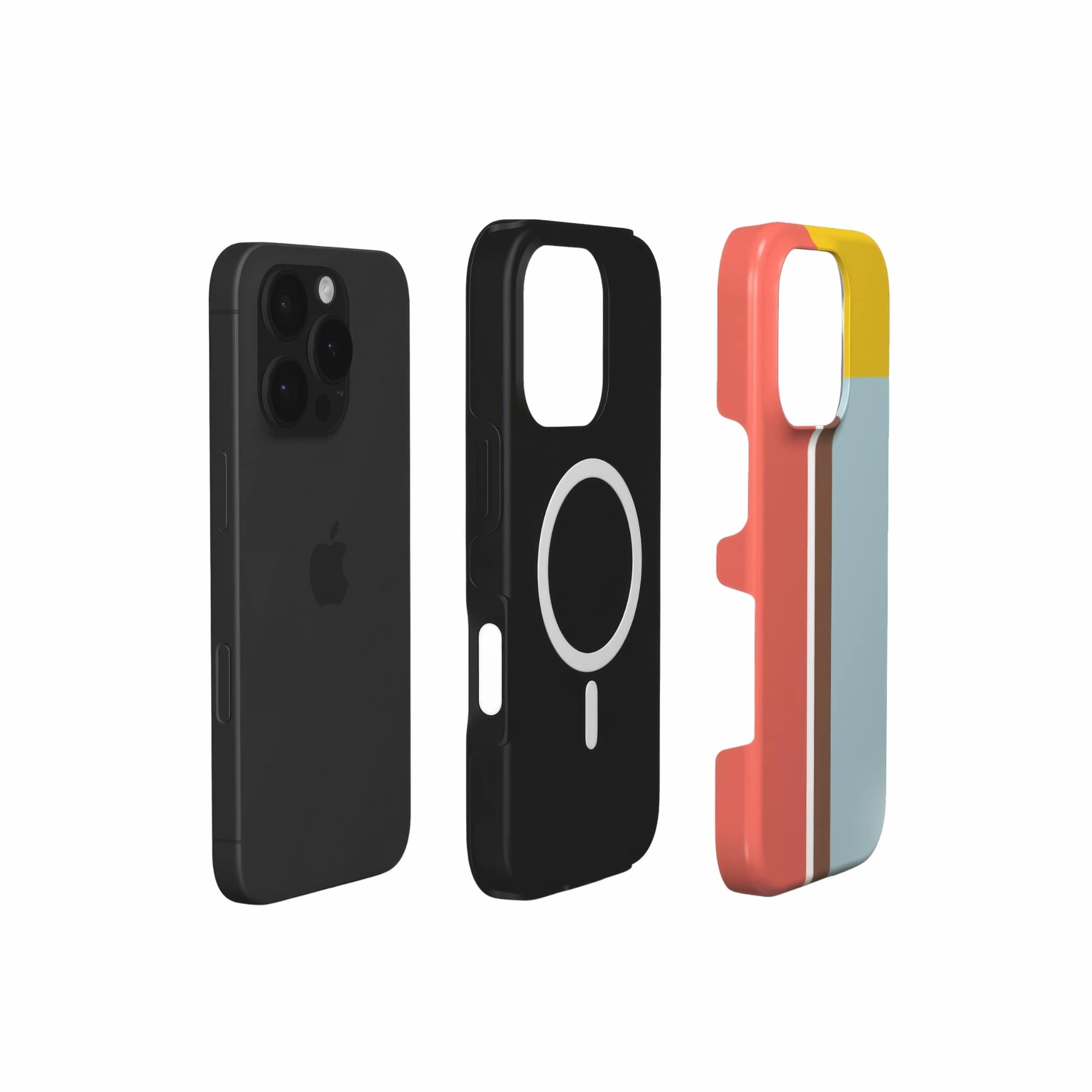 MagSafe phone tough case Retro Stripes Red pattern design with a bold color blocks in vintage, mid century modern style, featuring an elegant and expressive aesthetic design. Main colors are yellow, muted red and light blue. Front view.