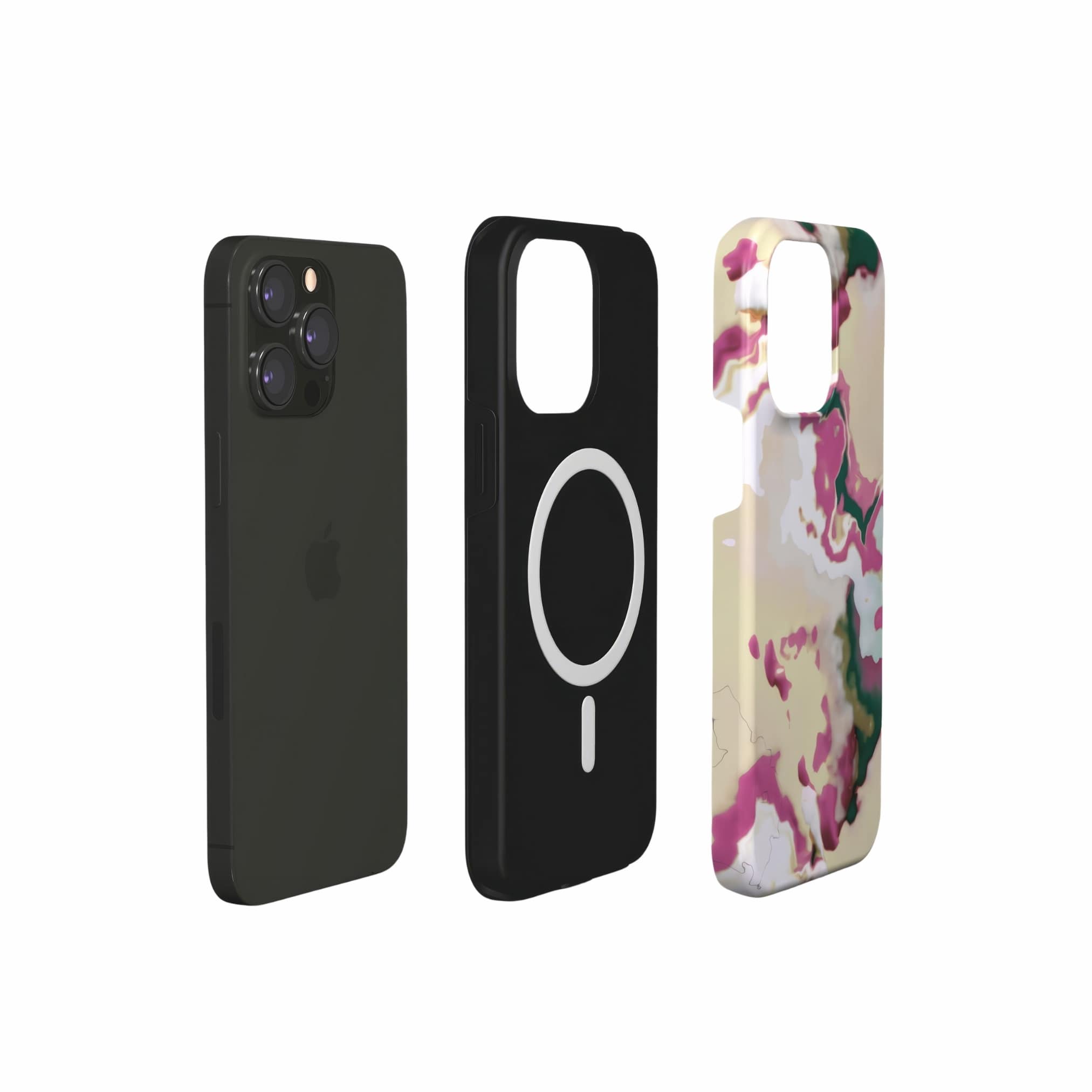 Tough magsafe phone case extend view; Sandscape Dream 1 pattern, artistic, abstract marble pattern. Beige and purple color combination.