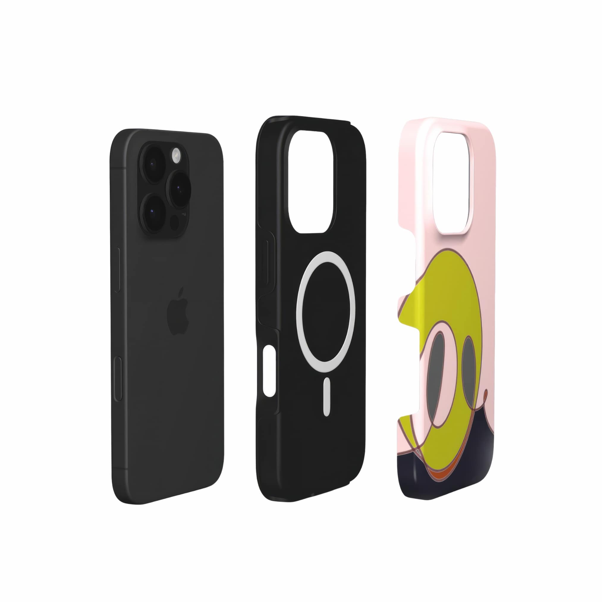 MagSafe tough phone case Smile 1 pattern design with a playful, bold expression of joy captured in abstract form, featuring an elegant and expressive aesthetic design. Main colors are pink and mustard yellow. Extend view.