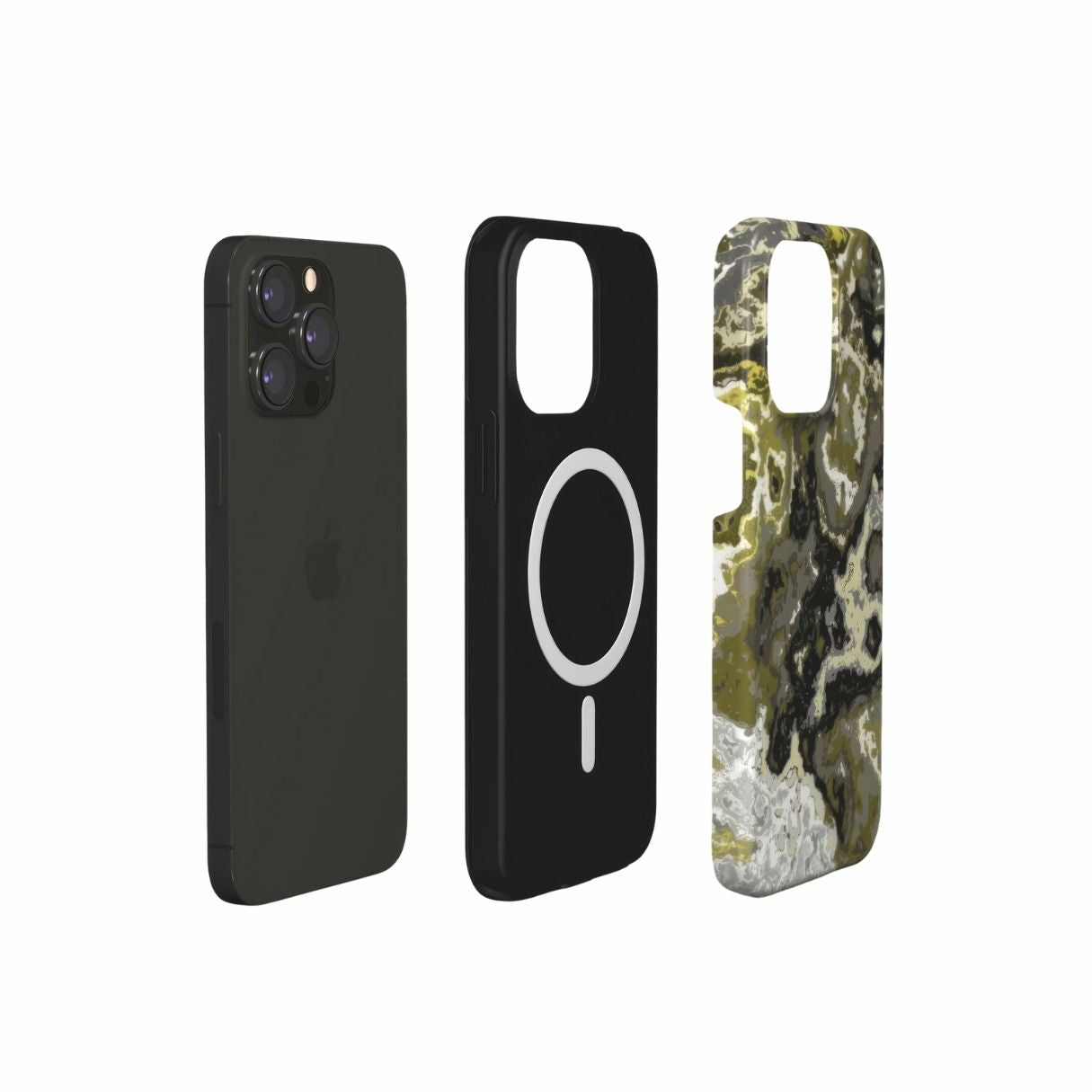 Tough MagSafe phone case extend view; Spring Rain pattern, artistic, abstract marble pattern. Yellow and black color combination.