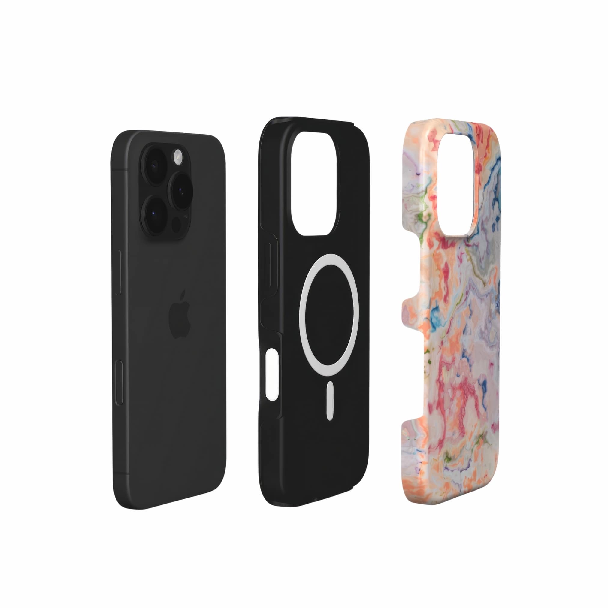 MagSafe tough phone case with a bold vivid pattern Ufo in marble abstract and artistic style, featuring an elegant and expressive aesthetic design. Main colors are blue, orange and red. Extend view.