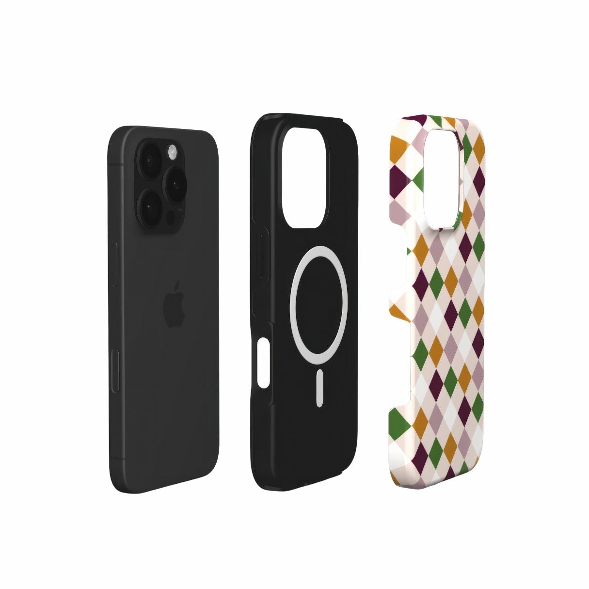 MagSafe tough phone case Wonder Chess pattern design with a dynamic geometric symmetry in chess style, featuring an elegant and expressive aesthetic design. Main colors are sugar brown, green, deep cherry and pink. Extend view.