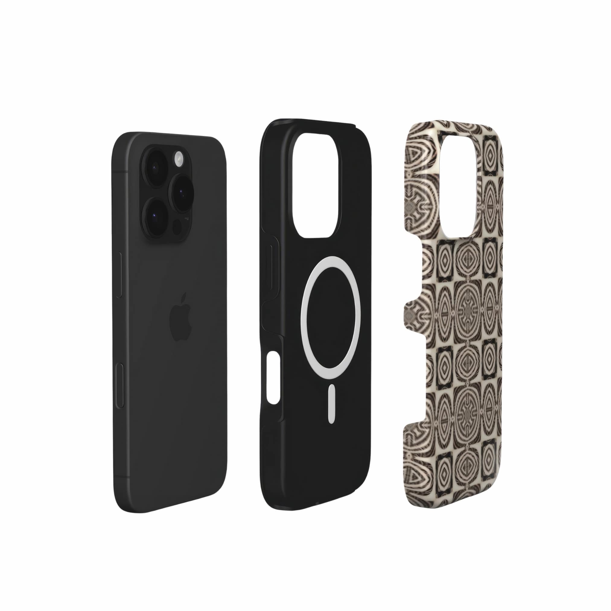 Tough Phone case extend view; wooden snake 1 pattern, ornamental pattern; kaleidoscope pattern imagination. Brown color.