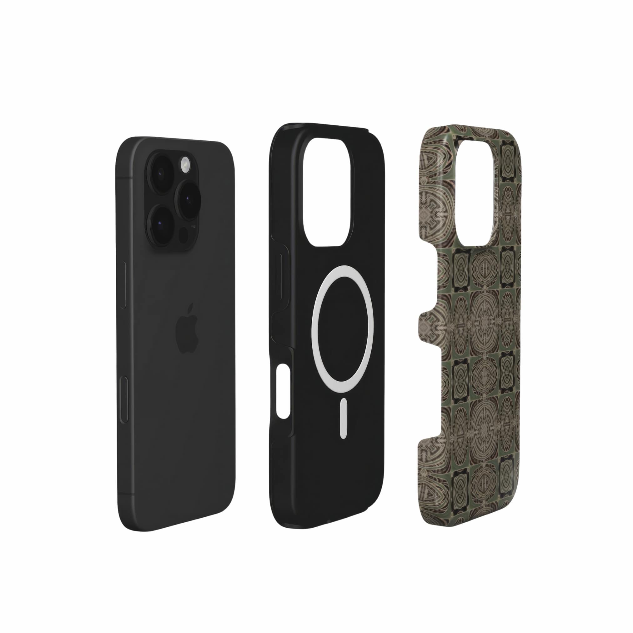Tough phone case extend view; wooden snake 3 pattern, ornamental pattern; kaleidoscope pattern imagination. Green color.