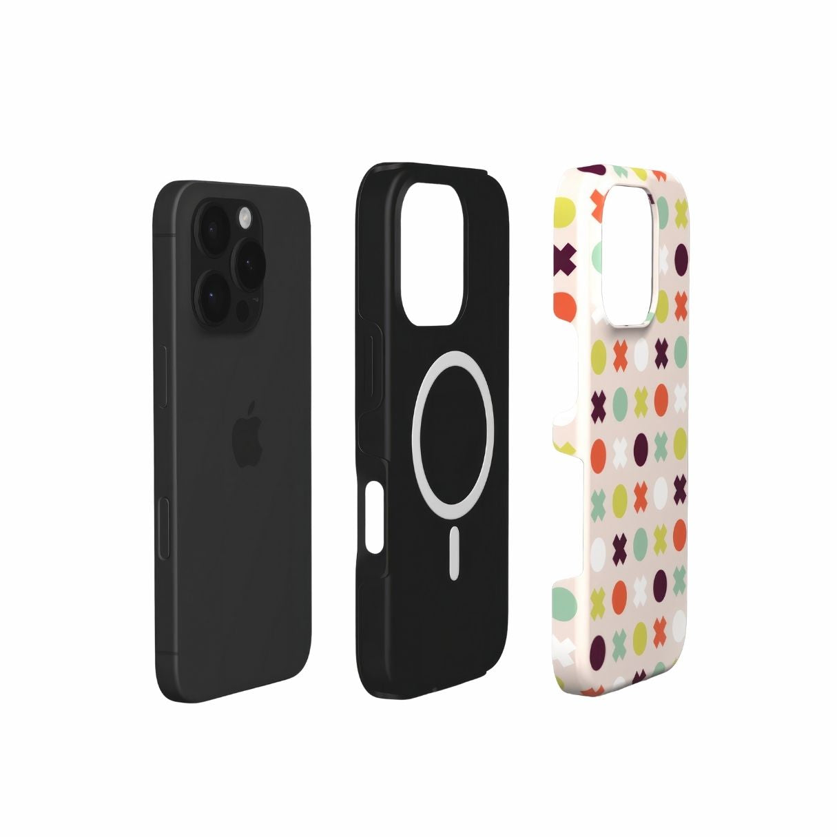 MagSafe tough phone case XOXO pattern design with a circles and cross modern style, featuring an elegant and expressive aesthetic design. Main colors are orange red, purple, yellow and mint. Extend view.