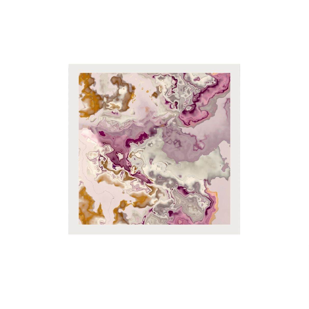 Abstract art print with pink, gold, and white colors on a white background.