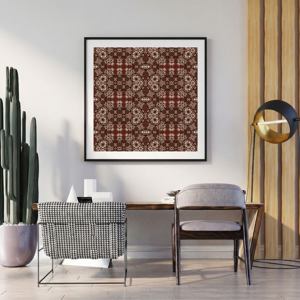 Valentine's edition design. Modern interior with a framed patterned artwork on the wall, a desk, and chairs.