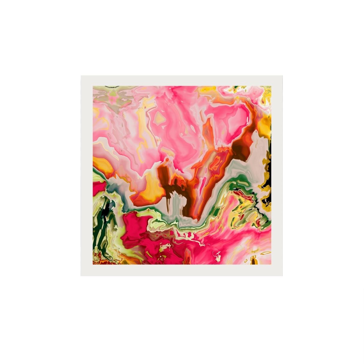 Colorful abstract art print with pink, green, and yellow tones on a white background