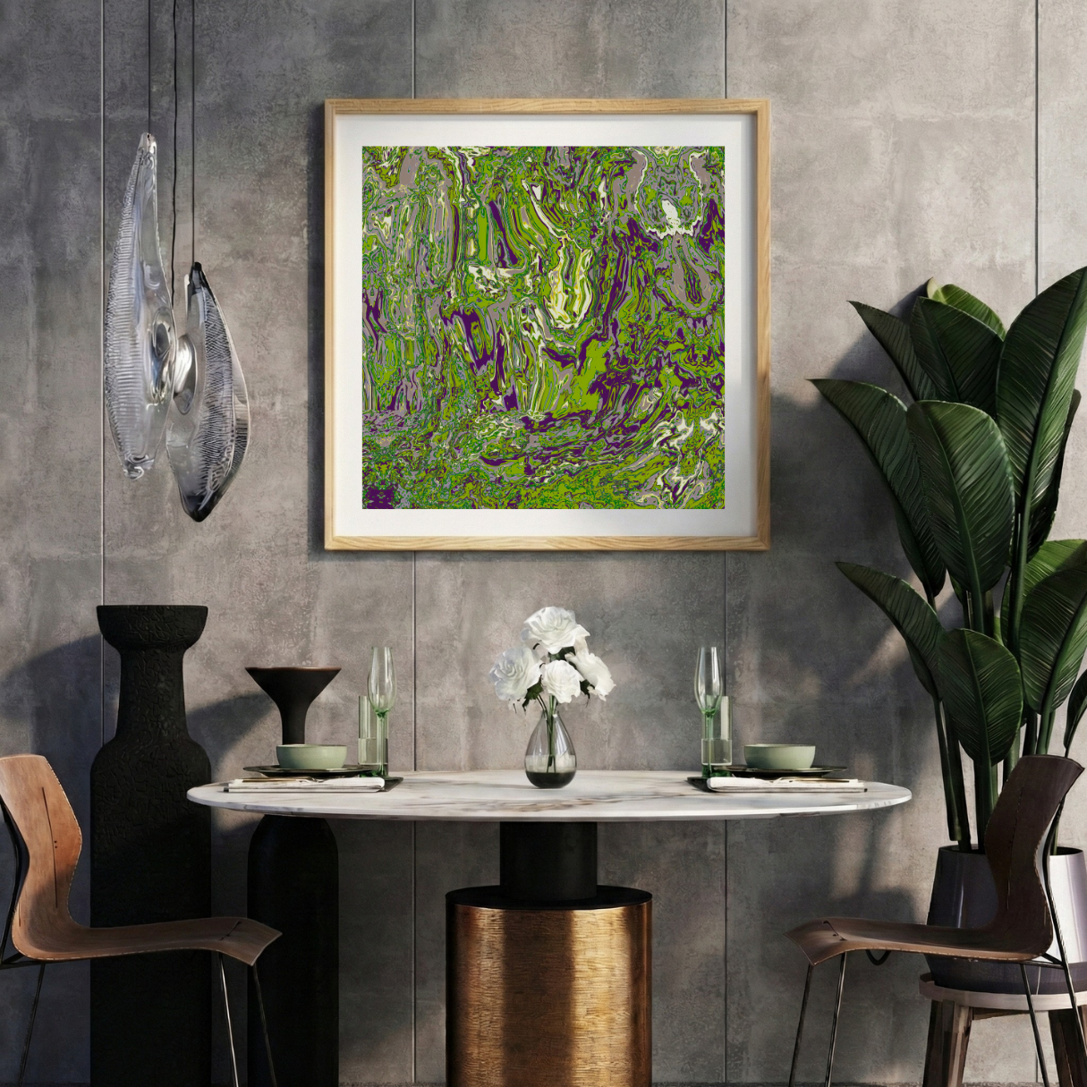 Modern interior with a colorful abstract print on a gray wall, marble table, and decorative items.