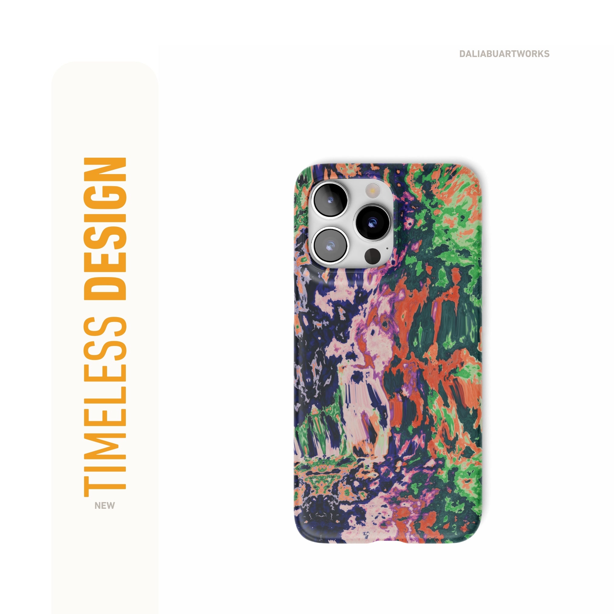 Snap ultra thin phone case with a bold vivid pattern Vincet in marble abstract and artistic style, featuring an elegant and expressive aesthetic design. Main colors are purple, orange and green. Front view.
