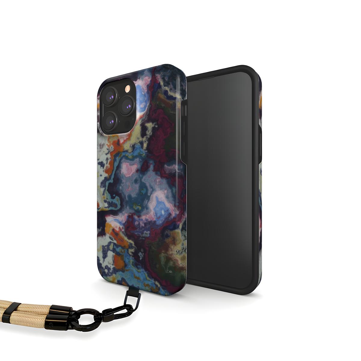 Phone case with colorful abstract Molten Berries design with beige phone strap.