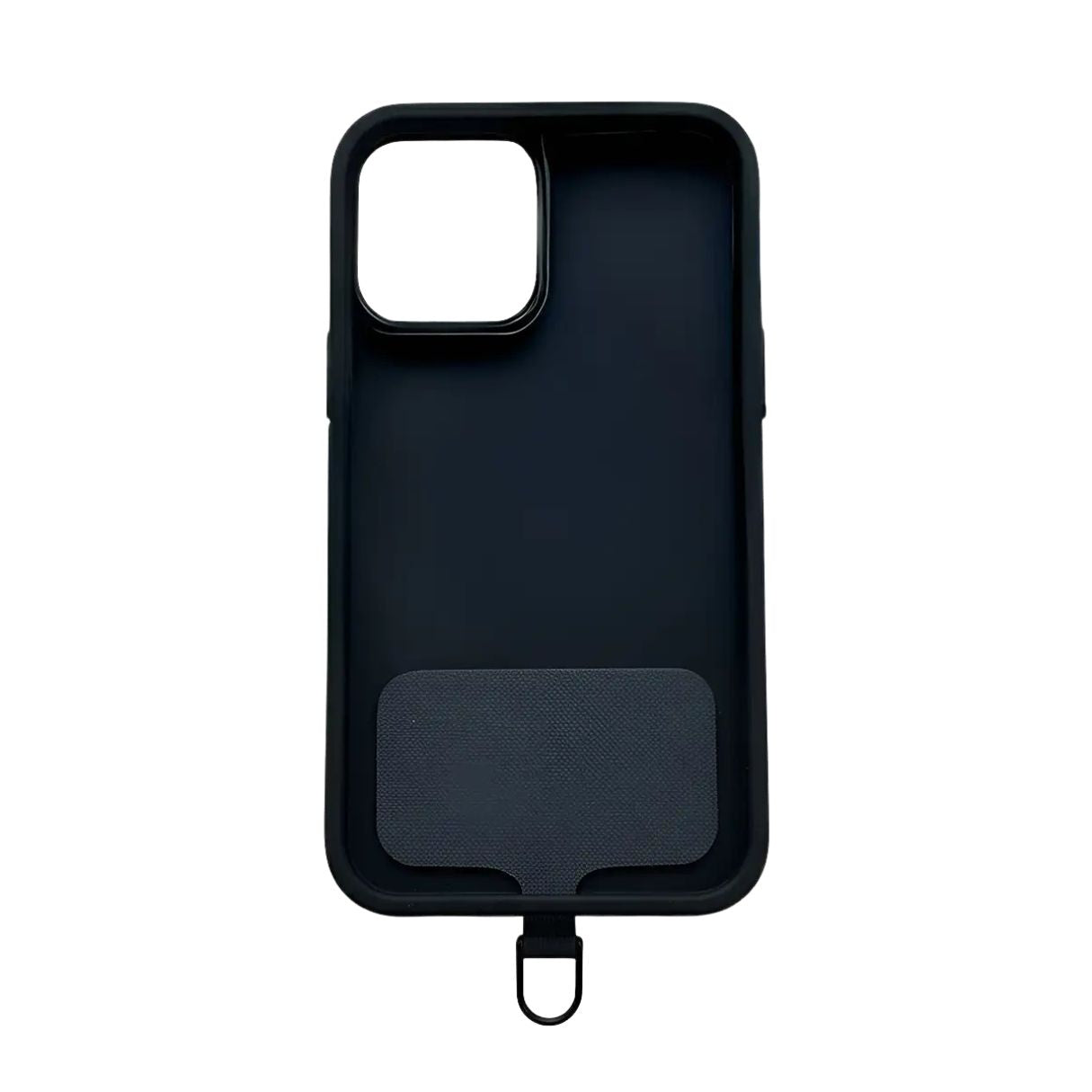 Black phone case with a strap adapter on a white background.
