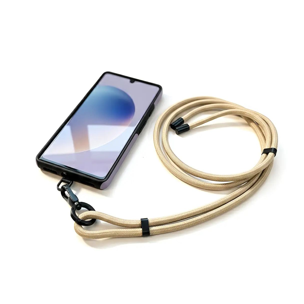 Phone strap in beige color with adapter for any phone models. Cross=body option.