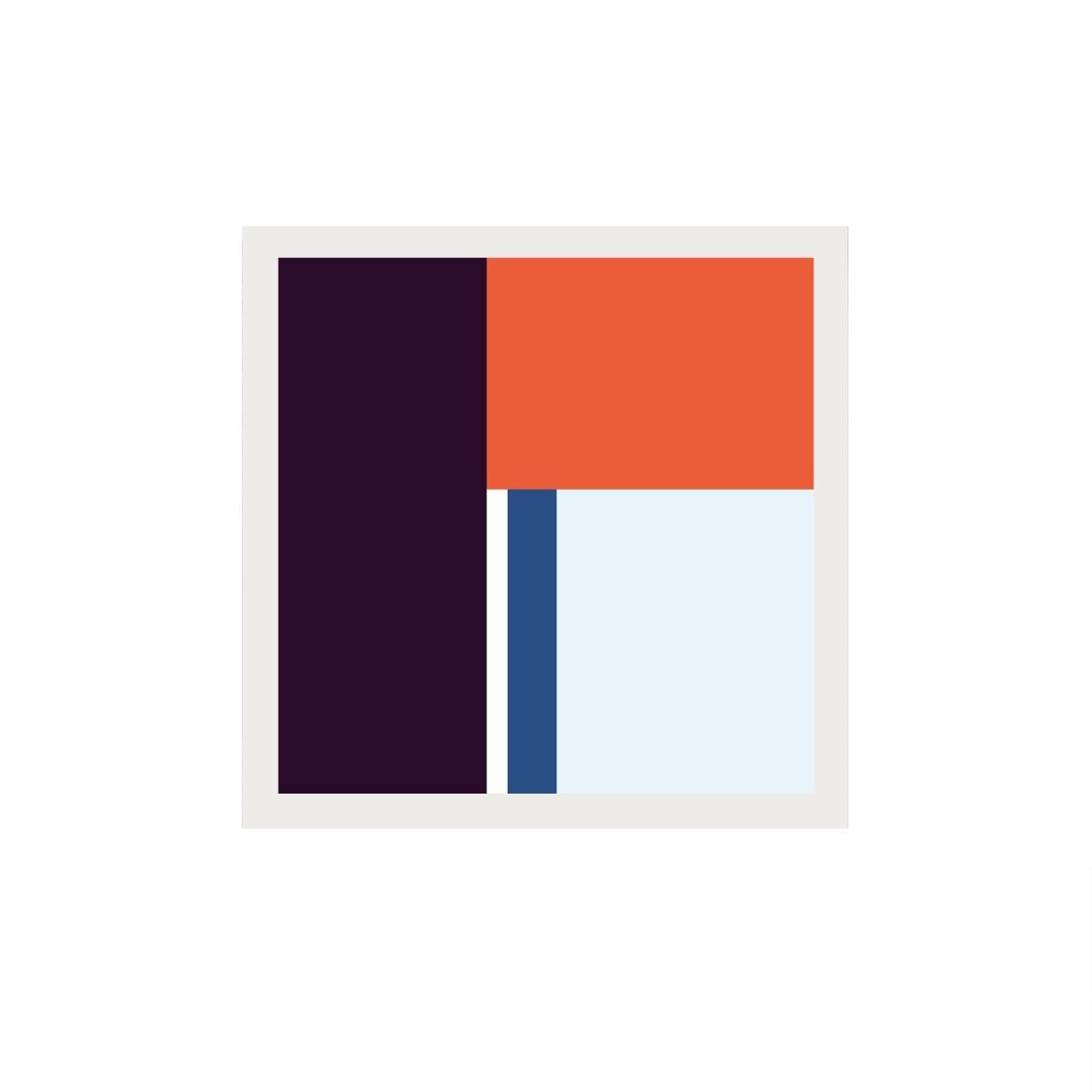 Abstract art print with geometric shapes in purple, orange, and blue on a white background.
