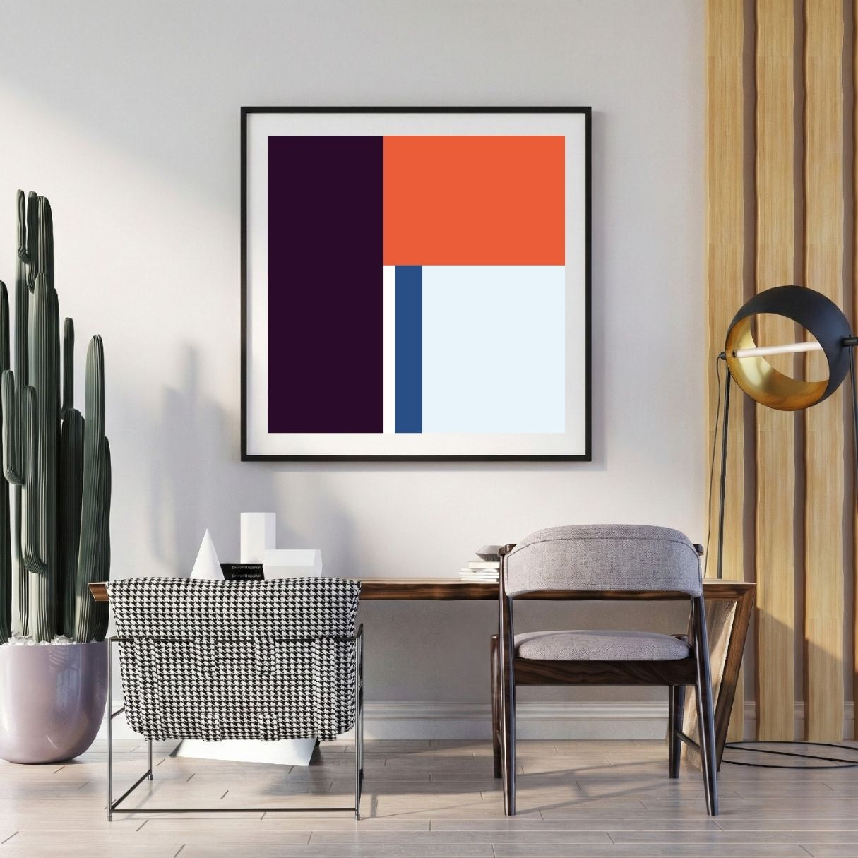Modern interior with a abstract art piece on the wall, chair, and potted plant.