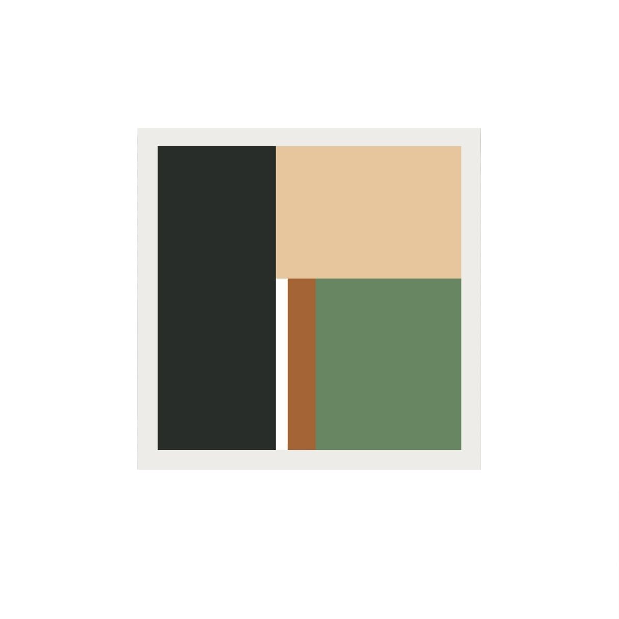 Framed abstract art with black, beige, and green colors on a white background.