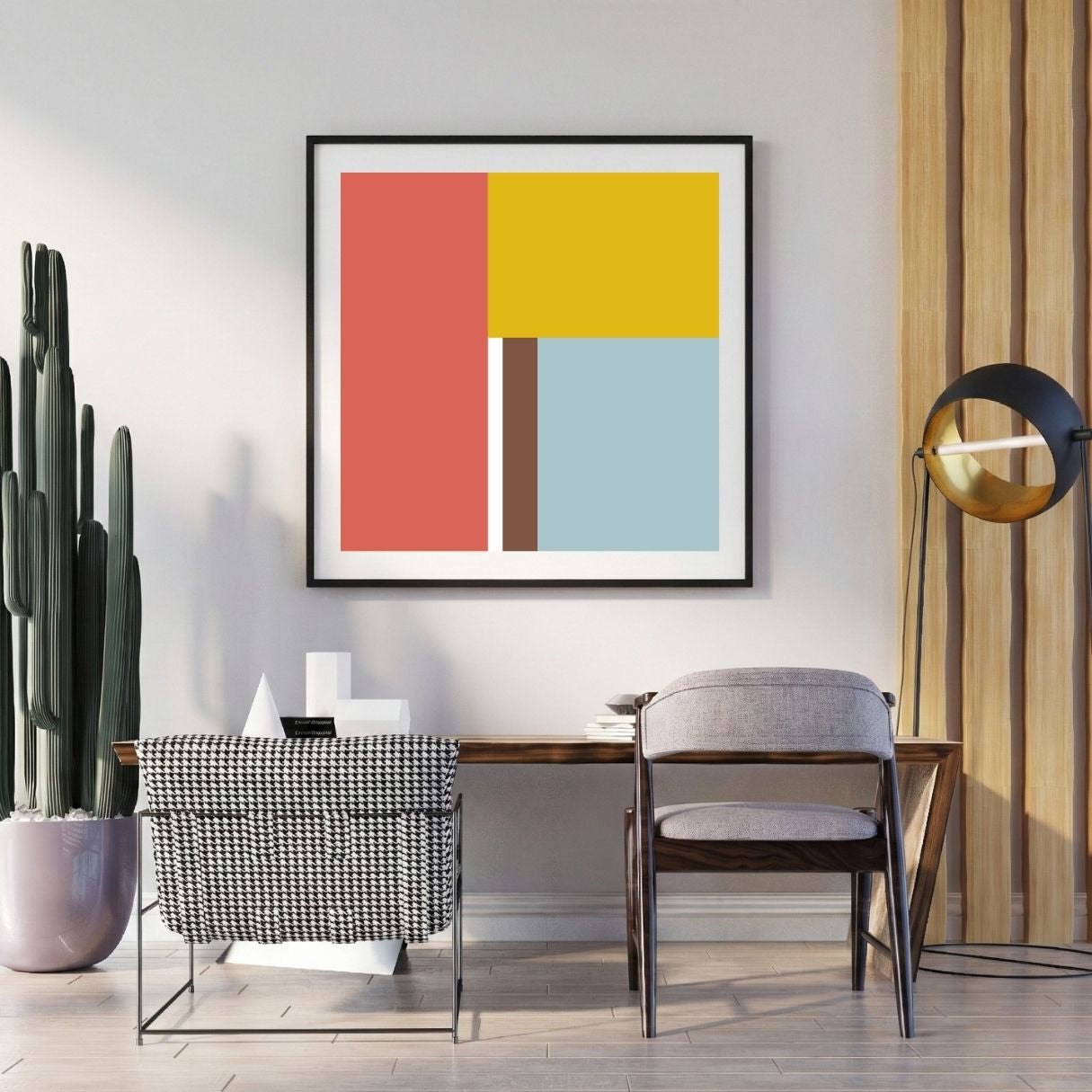 Modern interior with a colorful abstract painting on the wall, a chair, and a lamp.
