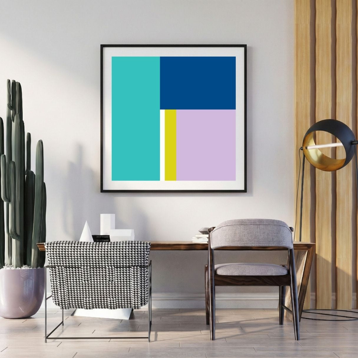Modern interior with abstract art on the wall, chair, and potted plant.