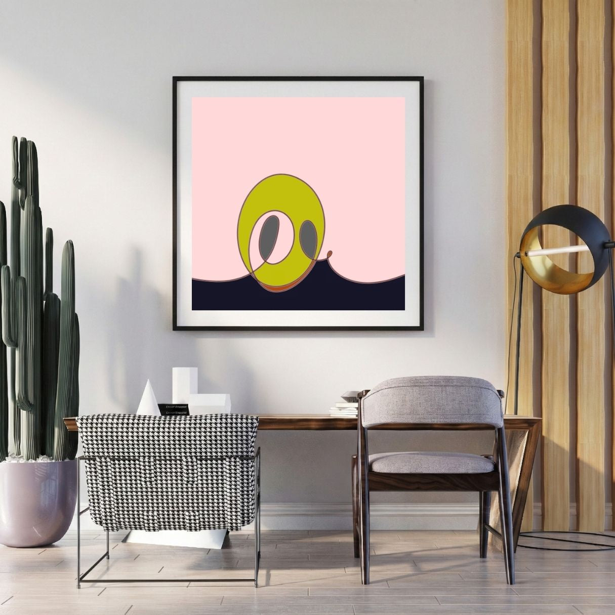 Modern interior with abstract art on the wall, chair, and potted plant.