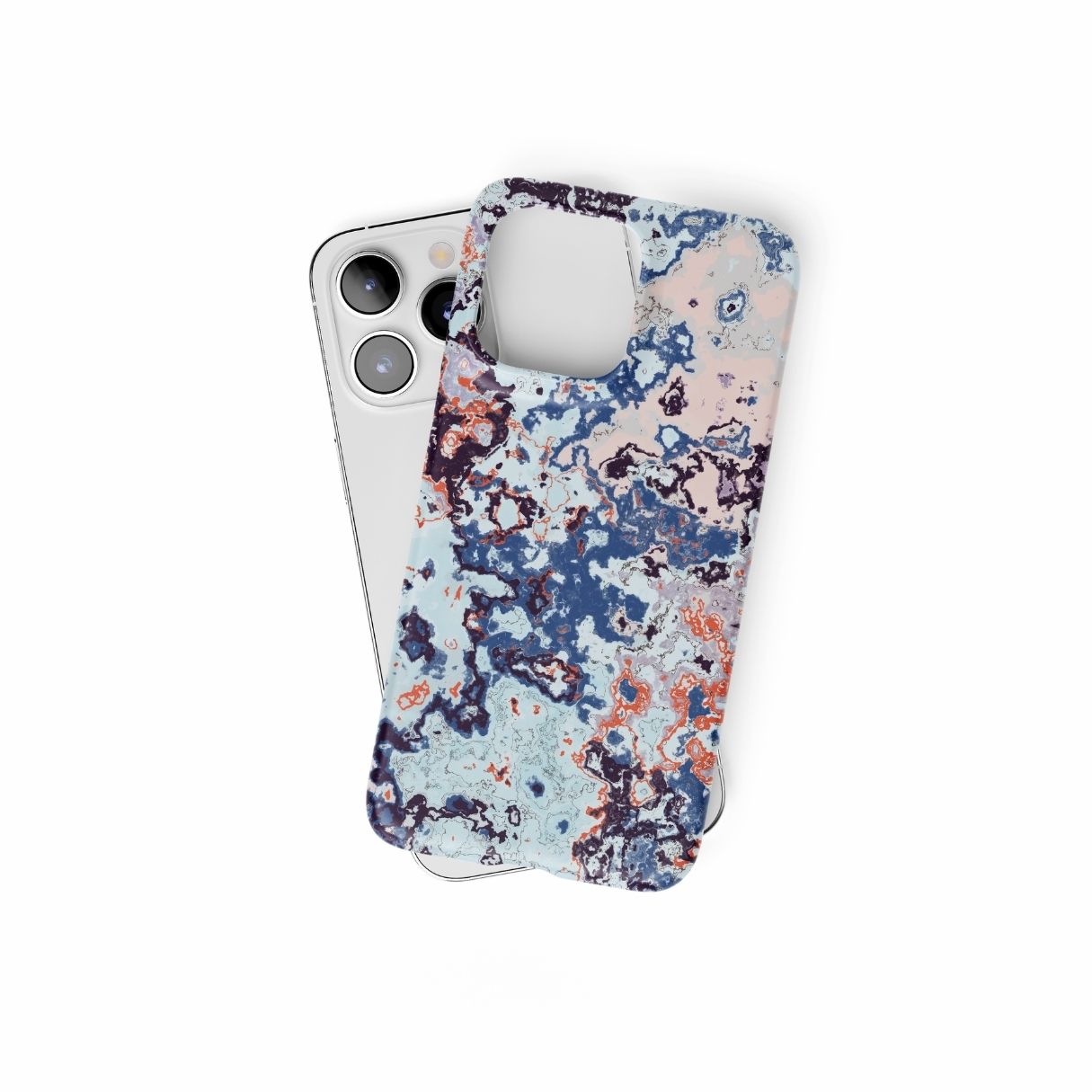 Ultra thin snap phone case front view; Blue Marble Mist pattern, artistic, abstract marble pattern. Blue and pink color combination. Bold expressive aesthetic design. Colorful and interior fit. Elegant.
