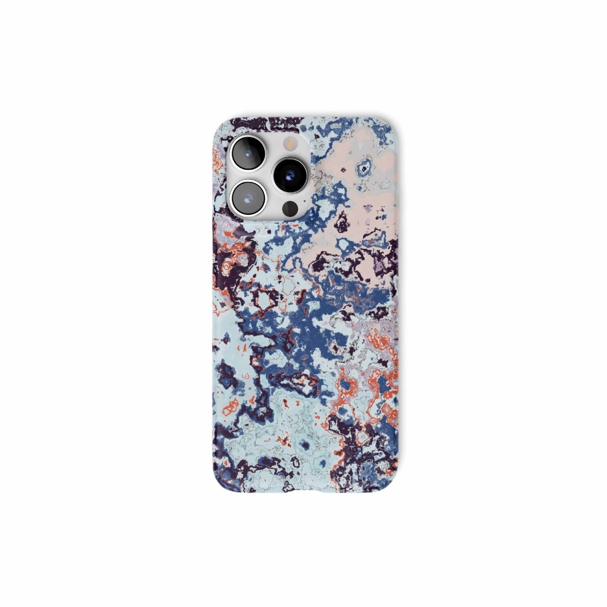 Ultra thin snap phone case front view; Blue Marble Mist pattern, artistic, abstract marble pattern. Blue and pink color combination. Bold expressive aesthetic design. Colorful and interior fit. Elegant.