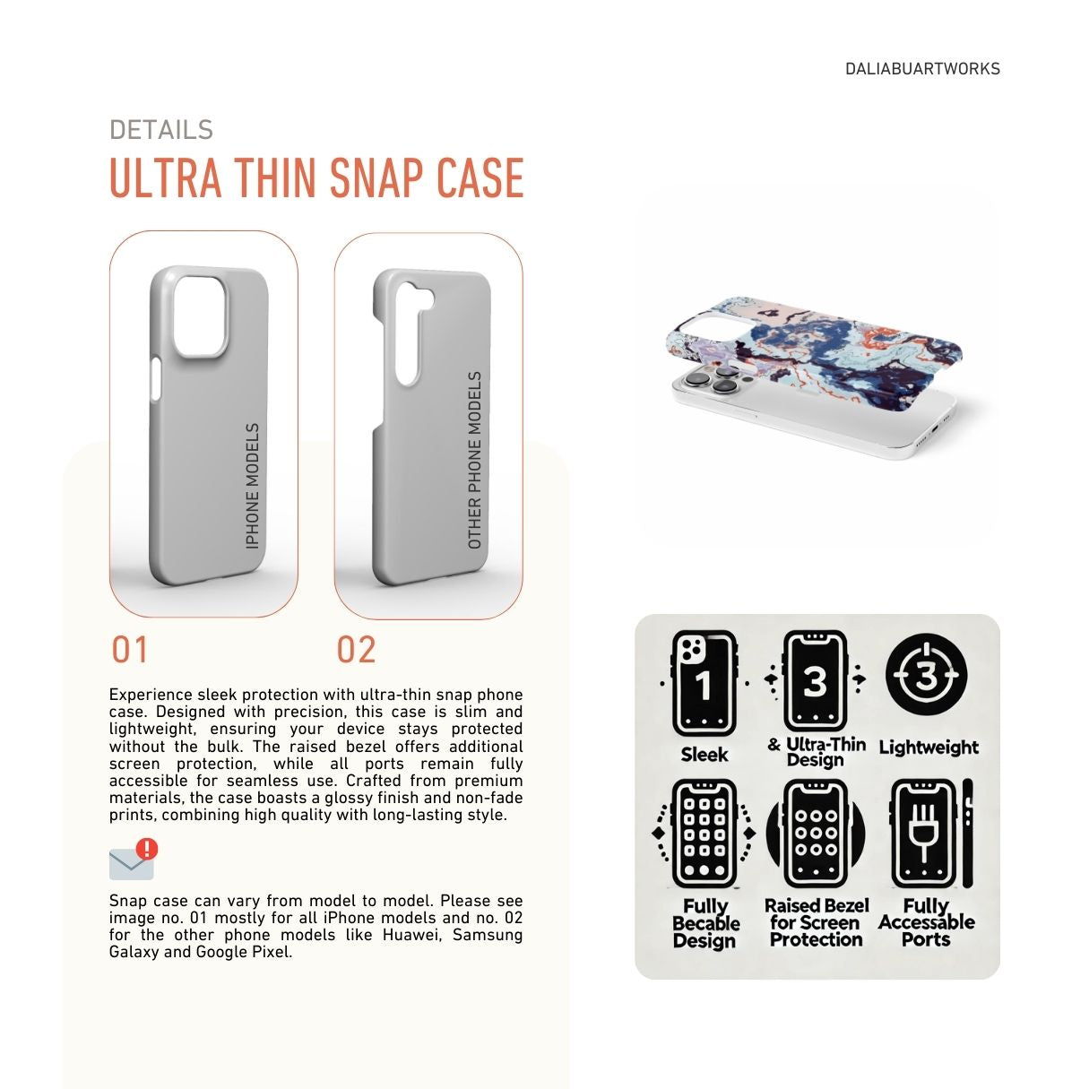 Details how to select correct phone case as per your phone model and features about snap snug fit phone case.