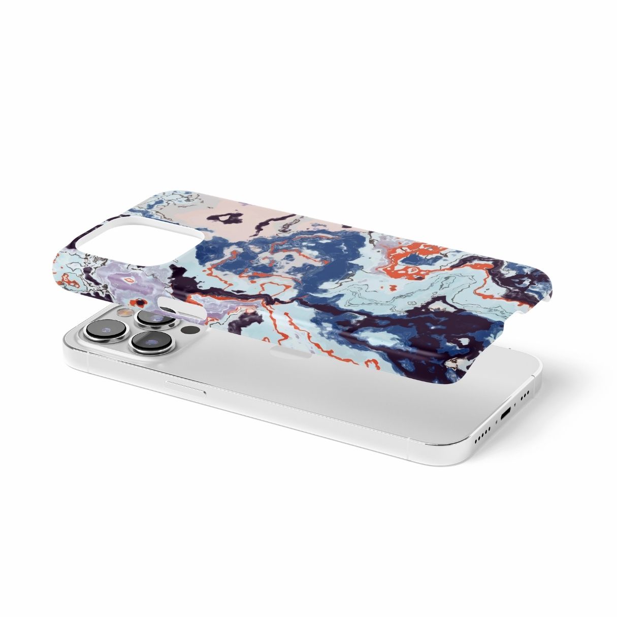 Snap phone case extend view; Blue Marble Veins pattern, artistic, abstract marble pattern. Pink and blue color combination.