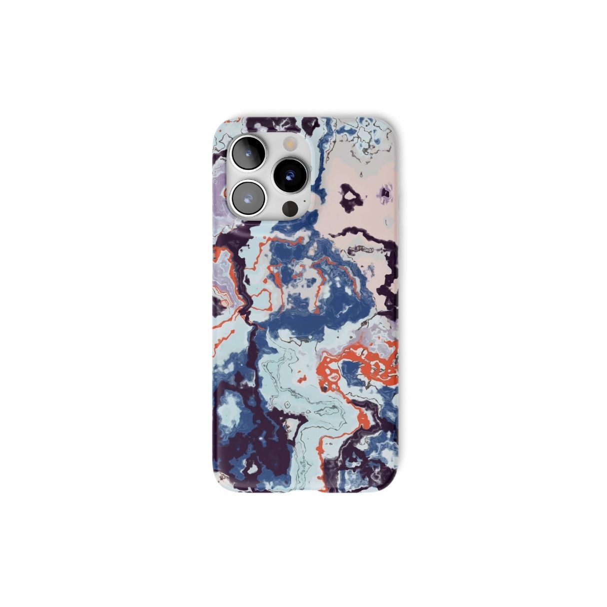 Snap phone case front view; Blue Marble Veins pattern, artistic, abstract marble pattern. Pink and blue color combination.