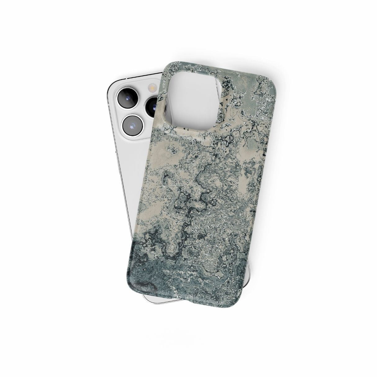 Ultra thin snap phone case with a bold vivid pattern Blue Night Dusts abstract and artistic style, featuring an elegant and expressive aesthetic design. Main colors are blue and beige. Front view.