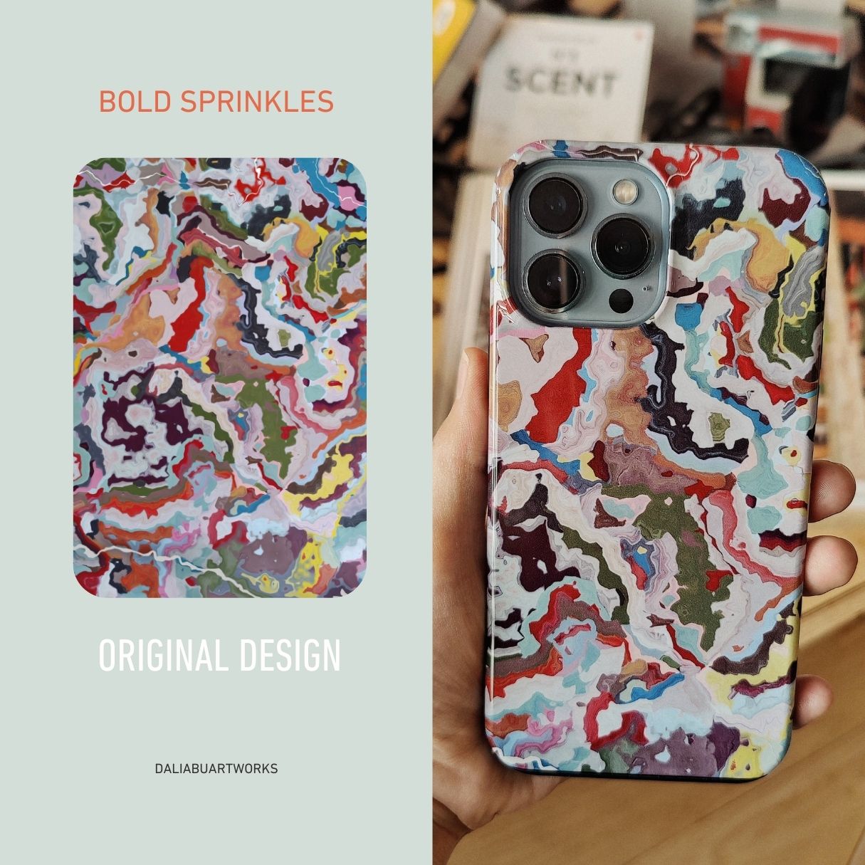 Bold Srinkles pattern design vs reality printed on the phone case.