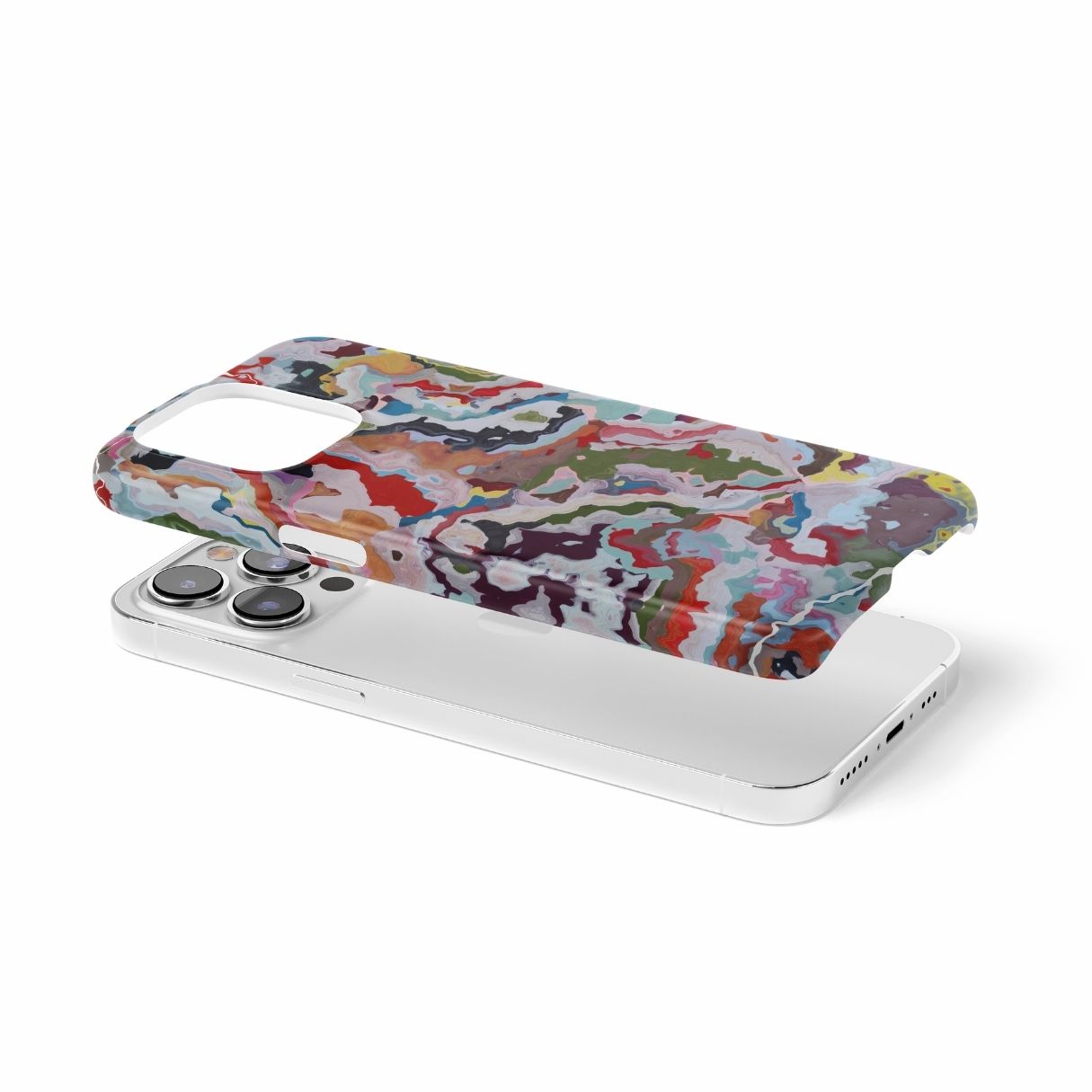 Ultra thin snap phone case extend view; Bold Sprinkles pattern, artistic, abstract marble pattern. Mix color combination. Bold expressive aesthetic design. Colorful and interior fit. Elegant.