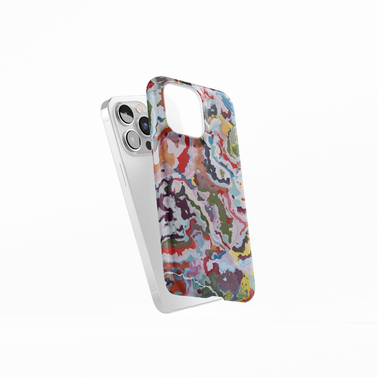Ultra thin snap phone case side view; Bold Sprinkles pattern, artistic, abstract marble pattern. Mix color combination. Bold expressive aesthetic design. Colorful and interior fit. Elegant.