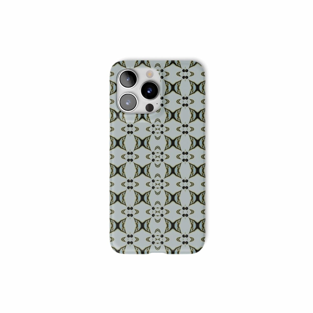 Ultra thin snap phone case ButterFly pattern design with a playful, bold expression of kaleidoscope form, featuring an elegant and expressive aesthetic design. Main color is light blue. Front view.